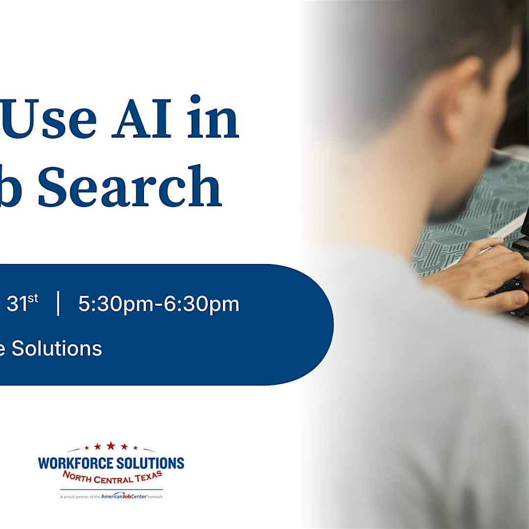 Close-up of a person using a laptop; text reads "Use AI in Job Search," with event date, time, and sponsor info.