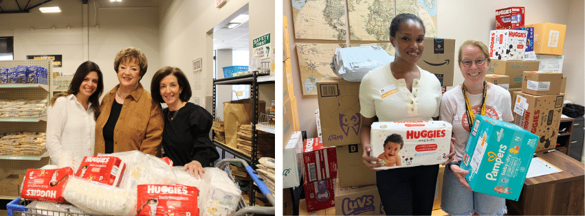 Left: Three women stand by baby supplies. Right: Two women hold boxes of diapers, surrounded by more donated supplies.