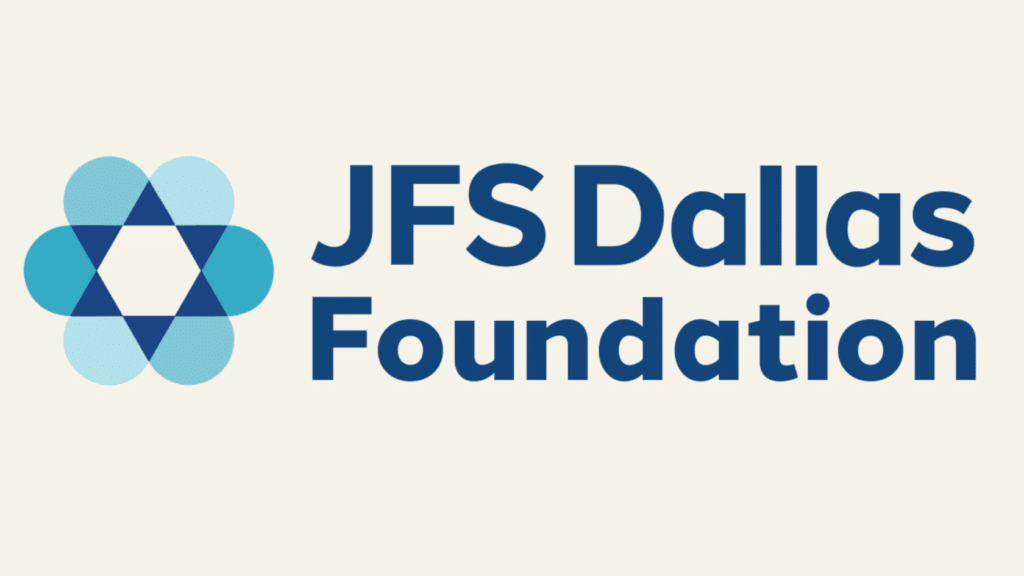 JFS Dallas Foundation logo with a blue geometric flower symbol next to the organization’s name in bold blue text.