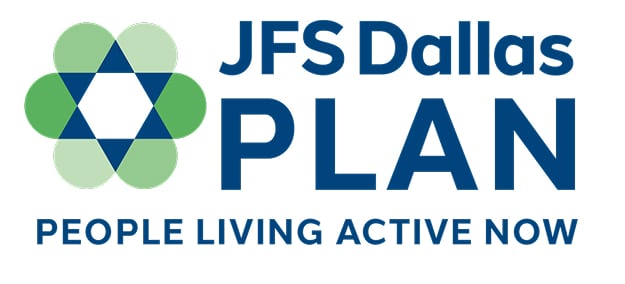 JFS Dallas PLAN logo with a blue Star of David and green shapes, and the words "People Living Active Now.