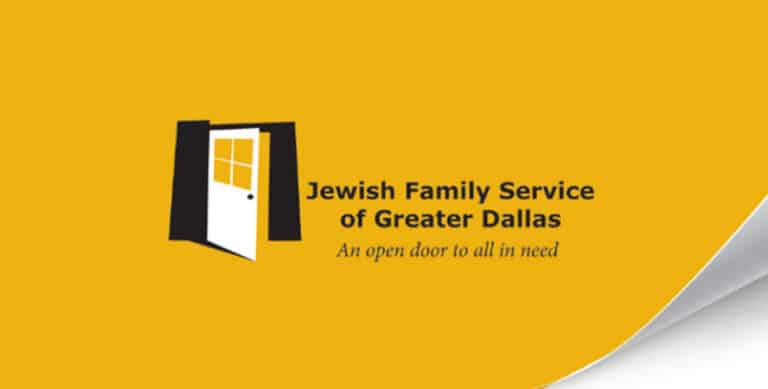 Jewish Family Service of Greater Dallas logo with an open door and the text "An open door to all in need" on a yellow background.