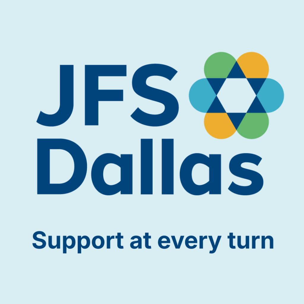 JFS Dallas logo with a blue and yellow flower symbol and the text "Support at every turn" underneath.
