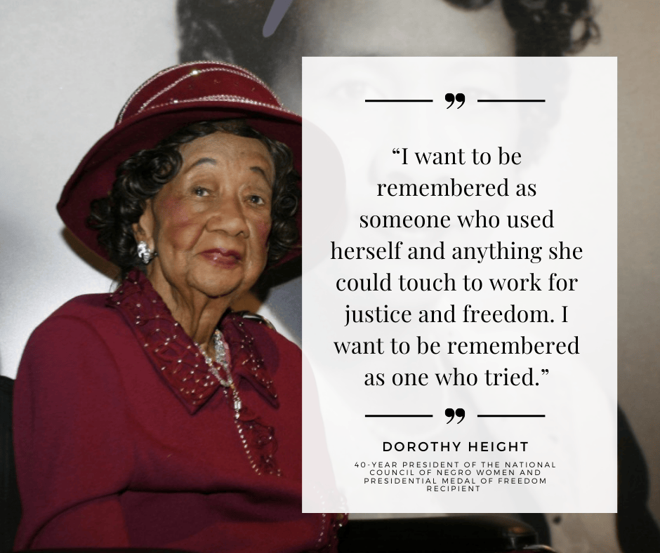 Elderly woman in a red hat and suit sits beside a quote about justice and freedom attributed to Dorothy Height.