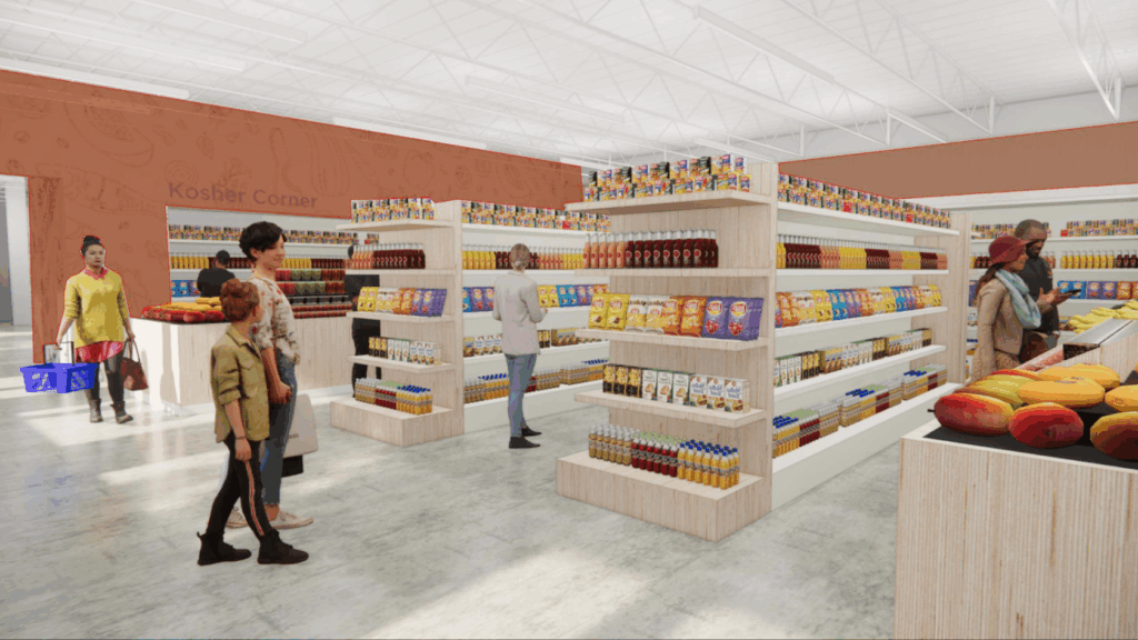 People shopping in a well-lit grocery store aisle labeled "Kosher Corner," with shelves stocked with food and drinks.