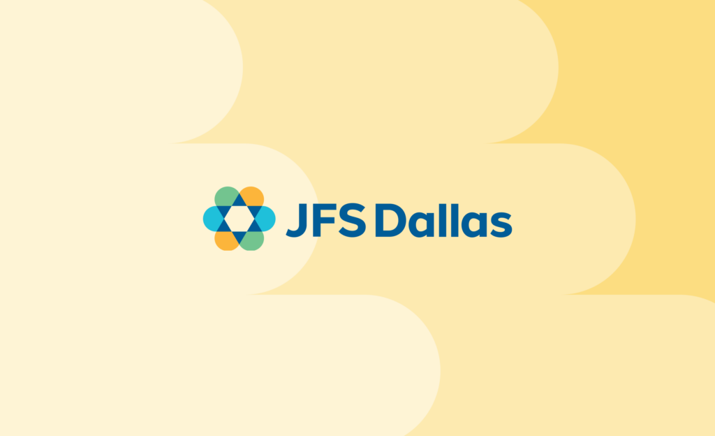 JFS Dallas logo with overlapping colorful shapes on a yellow and cream abstract background.