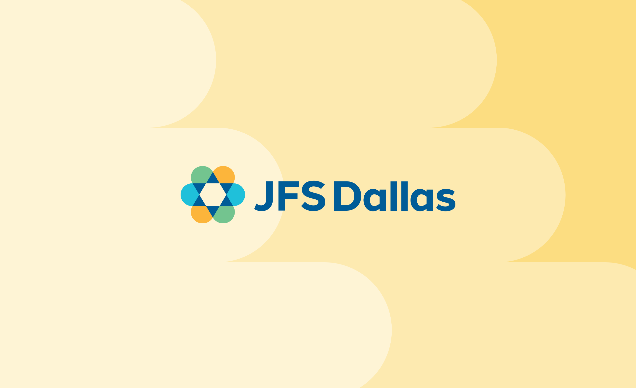 JFS Dallas logo with overlapping colorful shapes on a yellow and cream abstract background.