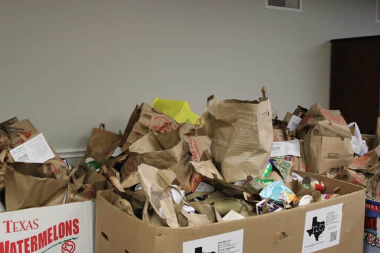 Large boxes filled with brown paper bags containing various food items against a plain wall.