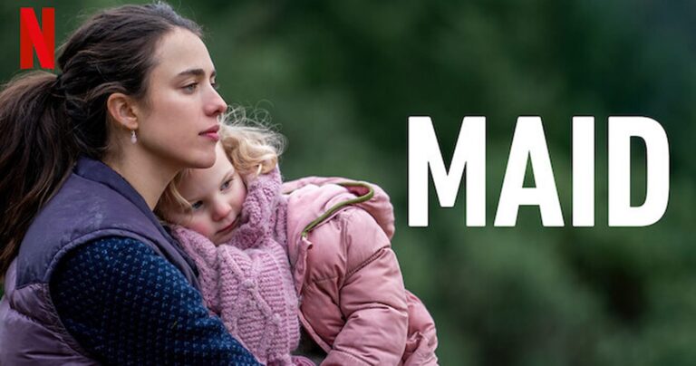 A woman holds a young girl in a pink coat, with the word "MAID" and the Netflix logo beside them.