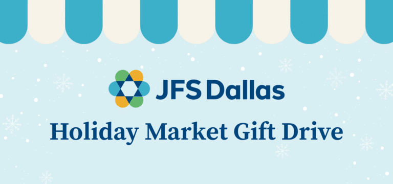 JFS Dallas Holiday Market Gift Drive banner with snowflakes and a blue and white striped awning design.