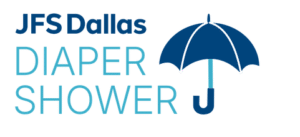 JFS Dallas Diaper Shower logo with a blue umbrella and stylized text on a light background.