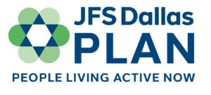JFS Dallas PLAN logo with green and blue design and the text “People Living Active Now.”.